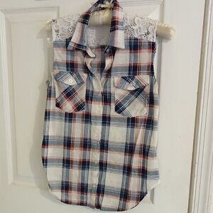 Stella Tweed Red and Blue Plaid Sleeveless Shirt with Lace